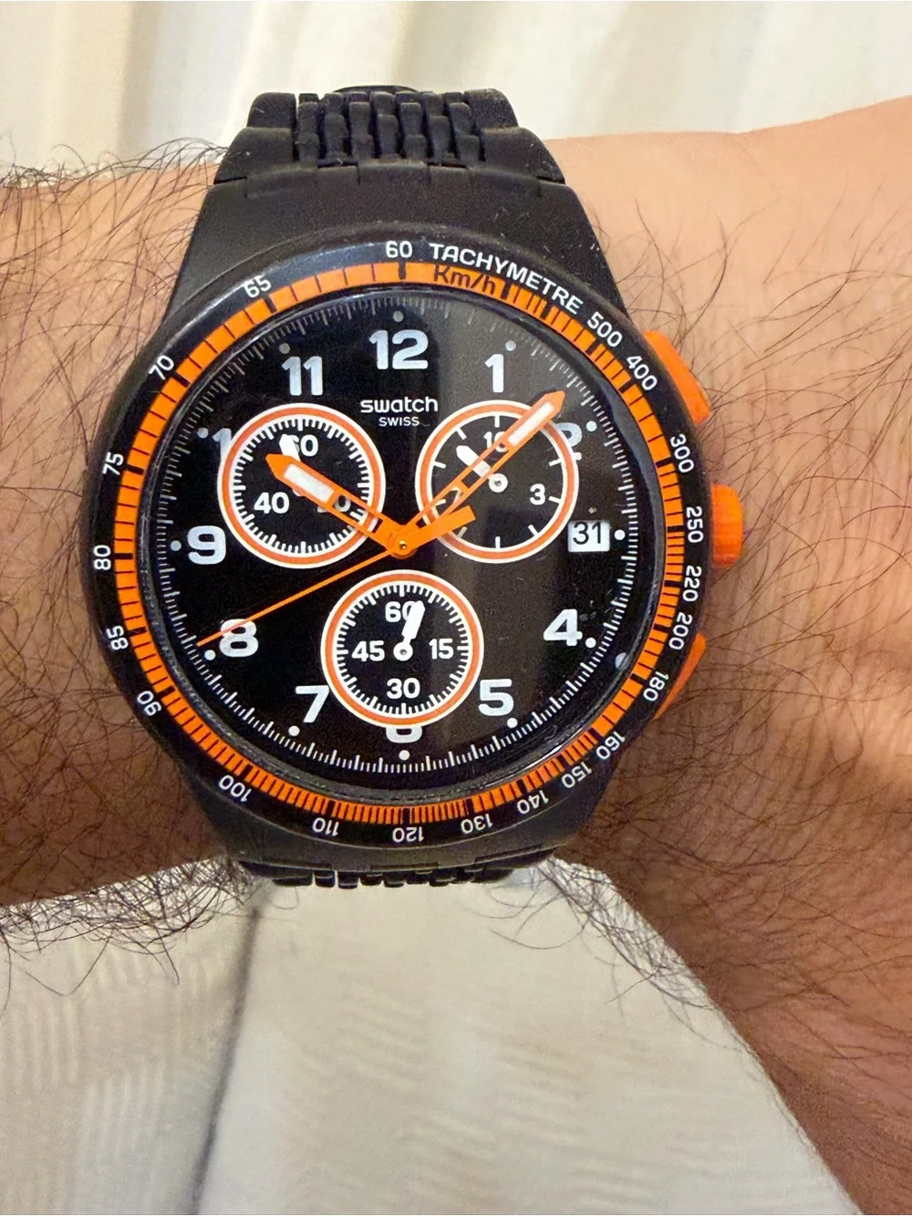Swatch Nerolino Chronograph SUSB408 Black Orange 4 Jewels Swiss Made Watch Run